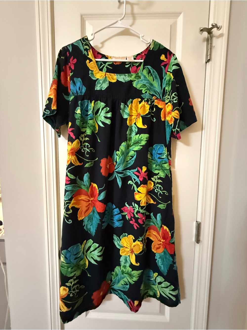 La Cera Black Tropical Cotton House Dress Muumuu Lounger Size Large